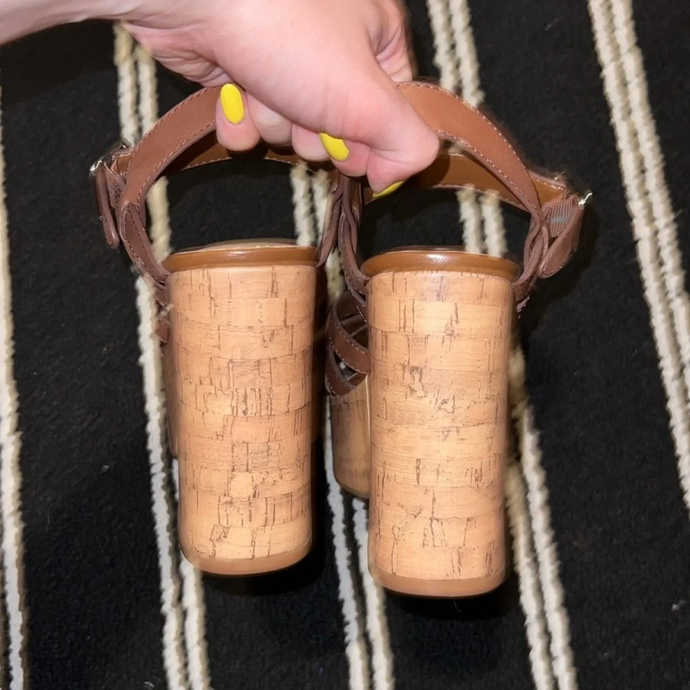 NINE WEST CHEERS Brown Leather Cork Platform Sandals